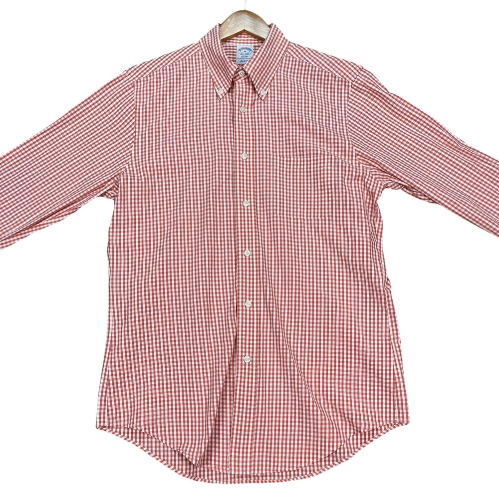Brooks Brothers Shirt Mens M Orange White Gingham Long Sleeve Button Down EUC